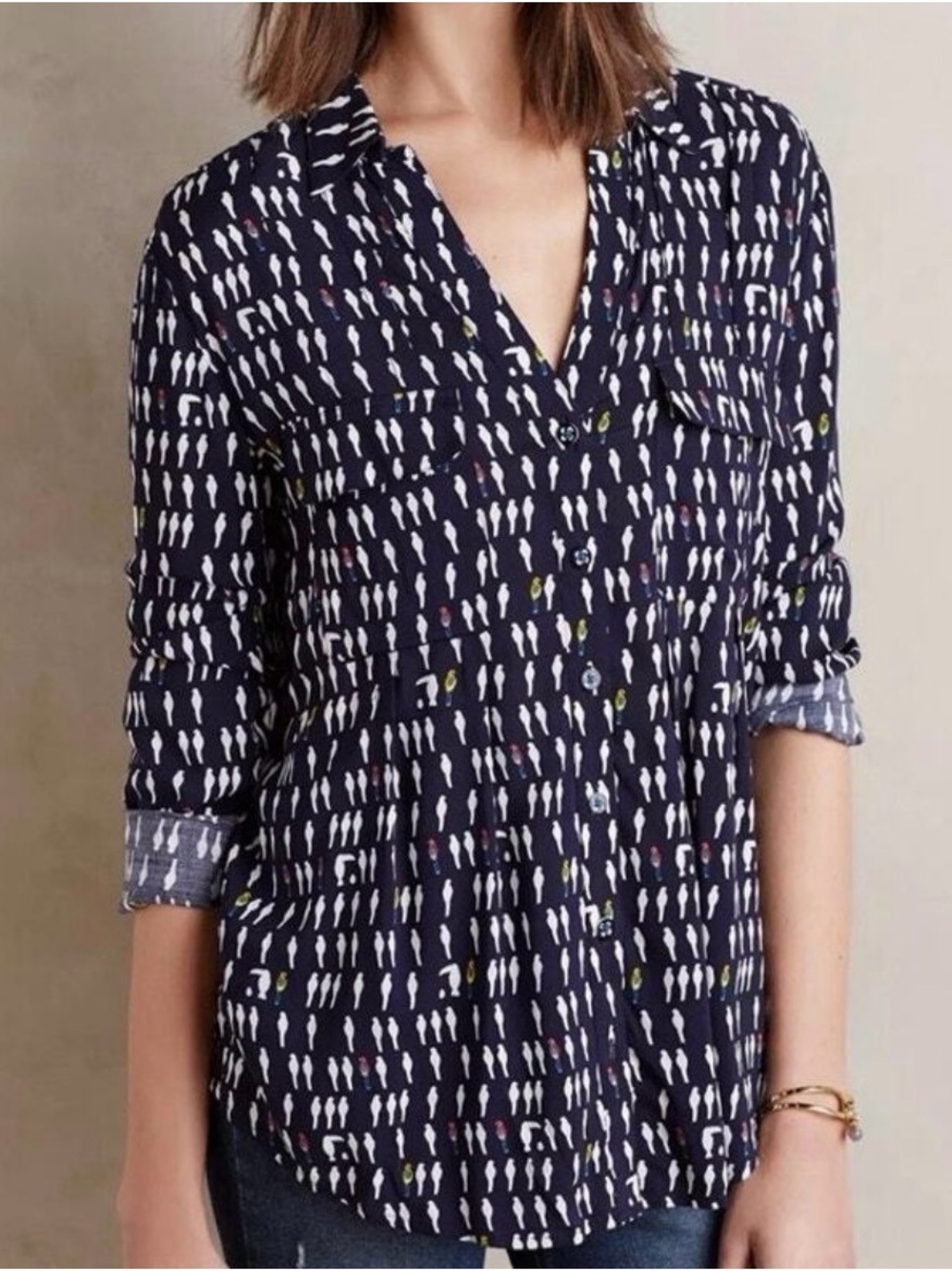 Anthropologie Navy Printed Button-Front Shirt